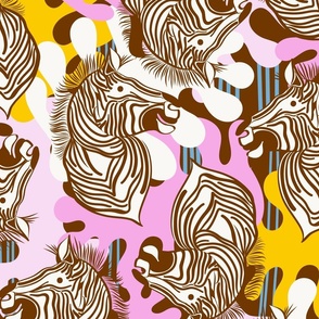 XL|Cheerful Zebras in Vivid pink yellow abstract shapes: Playful Animal Design