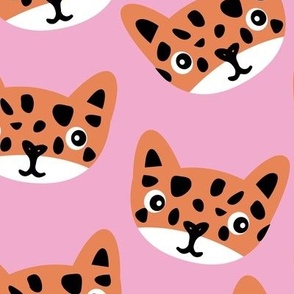 Cute retro cheetah cats - wild cat kids design freehand spots orange on pink LARGE WALLPAPER
