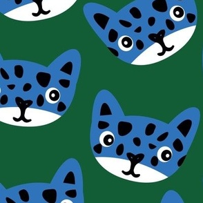 Cute retro cheetah cats - wild cat kids design freehand spots blue on pine green LARGE WALLPAPER