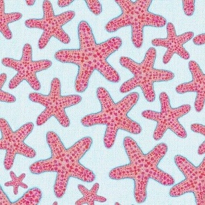 12’repeat handdrawn starfish coastal margins pinks on pale blue background with faux woven burlap texture overlay