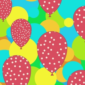 Red polka dot balloons in confetti sky