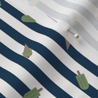 Popsicle Parade – white and dark blue stripes with scattered sage green ice cones and popsicles– Small (S) Scale – indulgent, sweet, playful, nostalgic, quilting, summer