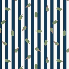 Popsicle Parade – white and dark blue stripes with scattered sage green ice cones and popsicles– Small (S) Scale – indulgent, sweet, playful, nostalgic, quilting, summer