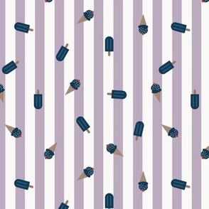 Popsicle Parade – white and purple stripes with scattered dark blue ice cones and popsicles– Small (S) Scale – indulgent, sweet, playful, nostalgic, quilting, summer