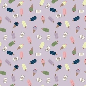 Ice Cream Party – playful dance of ice cones, popsicles and ice cream signs on a light purple background with pastel hues of  vanilla, strawberry, sage, blueberry, and violet – Medium (M) Scale – indulgent, sweet , playful, nostalgic, summertime sweetness