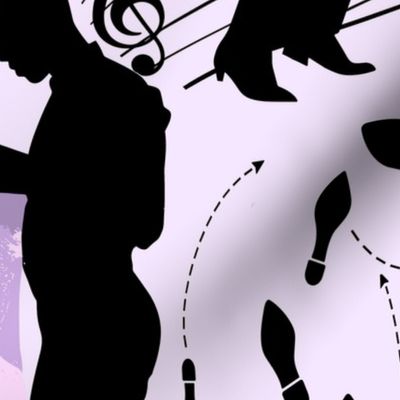 Dance club with black silhouettes of dancing people with shades of violet and lilac  - medium scale