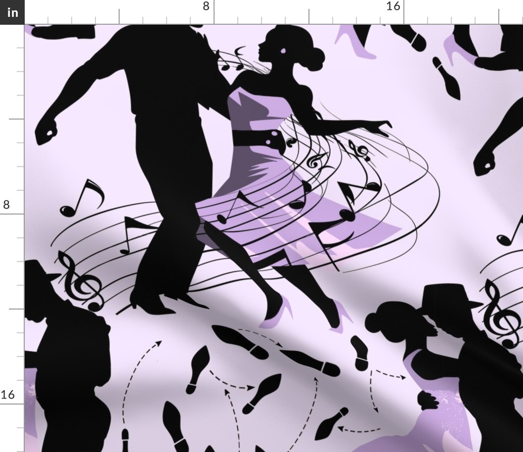 Dance club with black silhouettes of dancing people with shades of violet and lilac  - medium scale