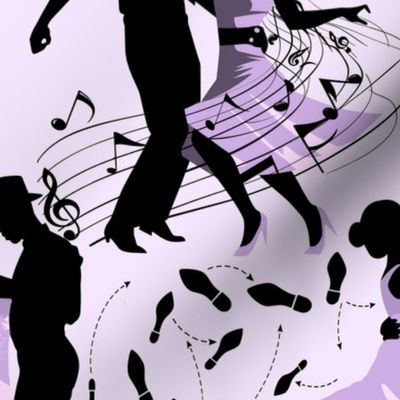 Dance club with black silhouettes of dancing people with shades of violet and lilac  - small scale