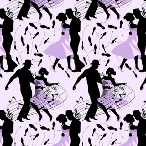 Dance club with black silhouettes of dancing people with shades of violet and lilac  - small scale