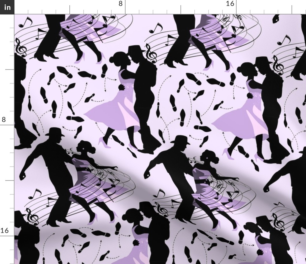 Dance club with black silhouettes of dancing people with shades of violet and lilac  - small scale