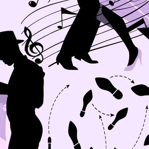 Dance club with black silhouettes of dancing people with shades of violet and lilac  - large scale