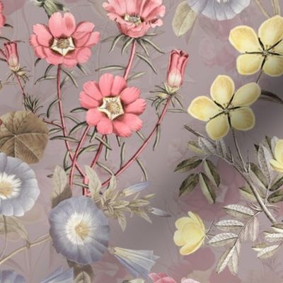 Embrace an Enchanting Opulent Spring And Summer Romance: Maximalism Moody Florals, Vintage Wild Pink Yellow And Blue Flowers,  Nostalgic Wildflowers in Antiqued Garden, Enhanced by Climbers and Victorian  Lilies Mystic-Inspired Powder Room Wallpaper sepia