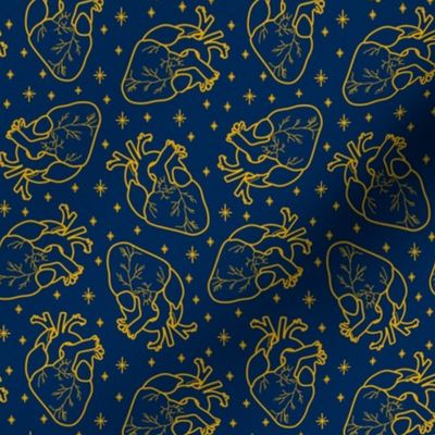 Anatomical Hearts and Stars Gold on Navy Blue and Yellow