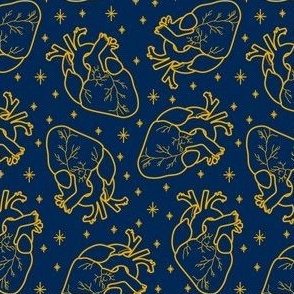 Anatomical Hearts and Stars Gold on Navy Blue and Yellow