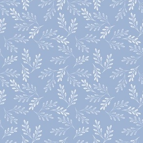White watercolor twigs on a light gray-blue background. White and blue chambray.
