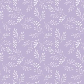 White watercolor branches on a light lilac background. White and pastel lilac.