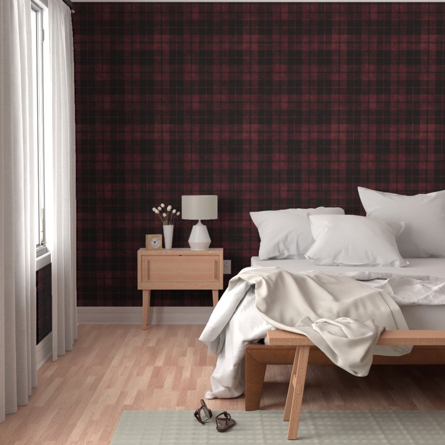 (Large) Deep Red  Monochromatic Heavily Textured Tartan Plaid