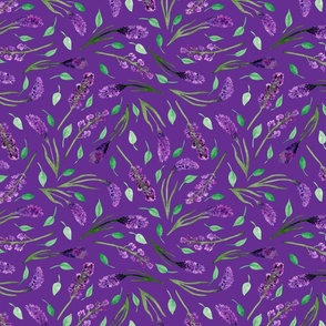 Watercolour leaves and purple flowers, purple background. Seamless floral pattern-311.