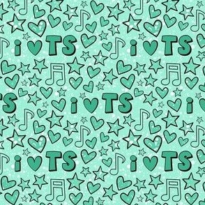 Smaller Scale I Love TS Hearts Stars and Music Notes in Mint Green