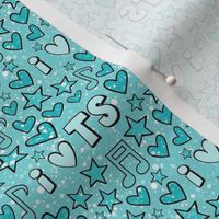 Smaller Scale I Love TS Hearts Stars and Music Notes in Aqua and Turquoise Blue