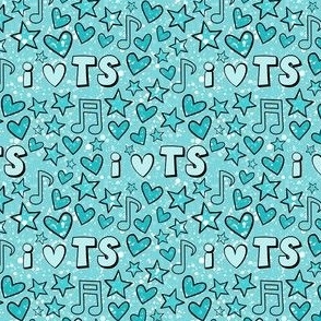 Smaller Scale I Love TS Hearts Stars and Music Notes in Aqua and Turquoise Blue