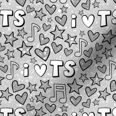 Bigger Scale I Love TS Hearts Stars and Music Notes in Silver Grey and White