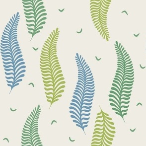 Fern leaves in blue and green on cream