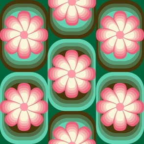 Retro Groovy flowers in green and pink