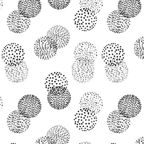 Overlapping doodle circles, simple modern geometric black shapes with dots 