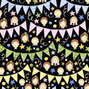 Watercolor, Hand Painted Pink Blue Yellow Green Gingham Banner, Cute Kids Faces on Black, Kid's Party , L