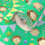 Watercolor, Hand Painted Pink Blue Yellow Green Gingham Banner, Cute Kids Faces on Bright Aqua Green, Kid's Party , L