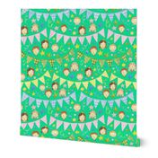 Watercolor, Hand Painted Pink Blue Yellow Green Gingham Banner, Cute Kids Faces on Bright Aqua Green, Kid's Party , L
