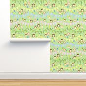 Watercolor, Hand Painted Pink Blue Yellow Green Gingham Banner, Cute Kids Faces on Bright Light Green, Kid's Party , L