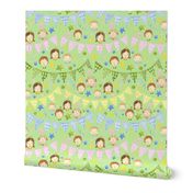 Watercolor, Hand Painted Pink Blue Yellow Green Gingham Banner, Cute Kids Faces on Bright Light Green, Kid's Party , L