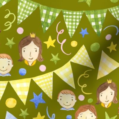 Watercolor, Hand Painted Pink Blue Yellow Green Gingham Banner, Cute Kids Faces on Bright Olive, Kid's Party , L