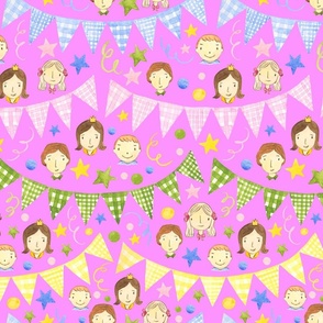 Watercolor, Hand Painted Pink Blue Yellow Green Gingham Banner, Cute Kids Faces on Pink, Kid's Party , L