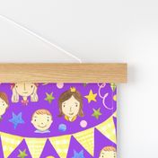 Watercolor, Hand Painted Pink Blue Yellow Green Gingham Banner, Cute Kids Faces on Bright Violet, Kid's Party , L