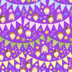 Watercolor, Hand Painted Pink Blue Yellow Green Gingham Banner, Cute Kids Faces on Bright Violet, Kid's Party , L