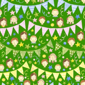 Watercolor, Hand Painted Pink Blue Yellow Green Gingham Banner, Cute Kids Faces on Bright Green, Kid's Party , L
