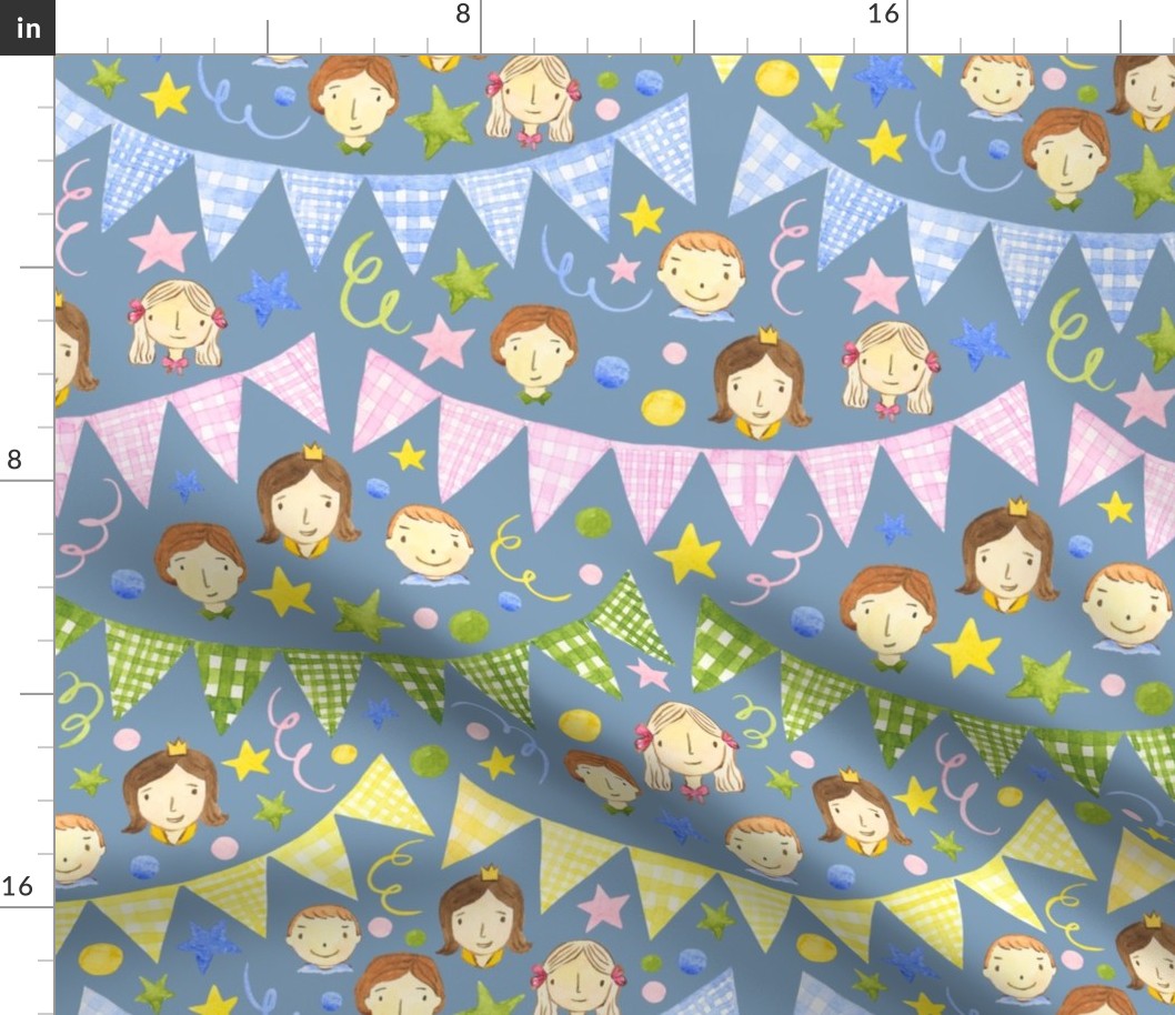 Watercolor, Hand Painted Pink Blue Yellow Green Gingham Banner, Cute Kids Faces on Grey Blue, Kid's Party , L