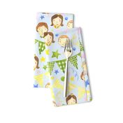 Watercolor, Hand Painted Pink Blue Yellow Green Gingham Banner, Cute Kids Faces on Light Blue, Kid's Party , L