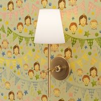 Watercolor, Hand Painted Pink Blue Yellow Green Gingham Banner, Cute Kids Faces on Light Blue, Kid's Party , L