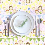 Watercolor, Hand Painted Pink Blue Yellow Green Gingham Banner, Cute Kids Faces on Light Pink, Kid's Party , L