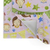 Watercolor, Hand Painted Pink Blue Yellow Green Gingham Banner, Cute Kids Faces on Light Pink, Kid's Party , L