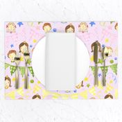 Watercolor, Hand Painted Pink Blue Yellow Green Gingham Banner, Cute Kids Faces on Light Pink, Kid's Party , L