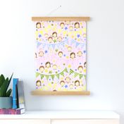 Watercolor, Hand Painted Pink Blue Yellow Green Gingham Banner, Cute Kids Faces on Light Pink, Kid's Party , L