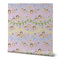 Watercolor, Hand Painted Pink Blue Yellow Green Gingham Banner, Cute Kids Faces on Light Pink, Kid's Party , L