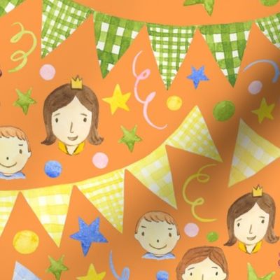 Watercolor, Hand Painted Pink Blue Yellow Green Gingham Banner, Cute Kids Faces on Pastel Orange, Kid's Party , L