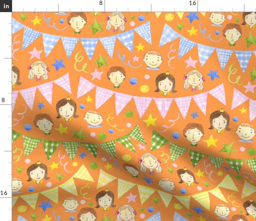 Watercolor, Hand Painted Pink Blue Yellow Green Gingham Banner, Cute Kids Faces on Pastel Orange, Kid's Party , L