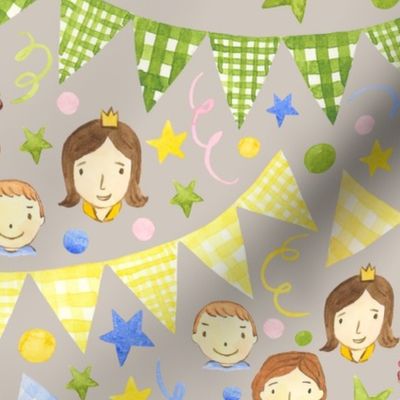 Watercolor, Hand Painted Pink Blue Yellow Green Gingham Banner, Cute Kids Faces on Taupe, Kid's Party , L